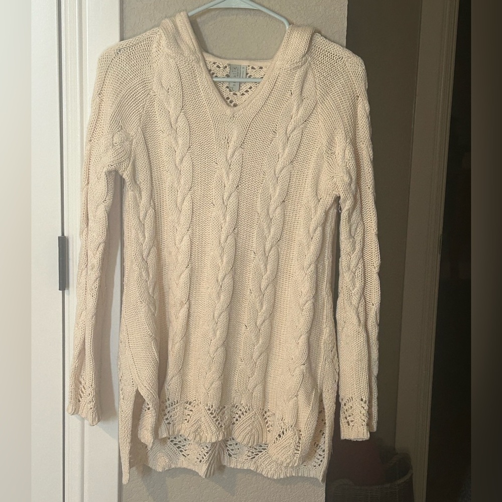 Sahalie cotton cable knit hooded tunic Ivory size small